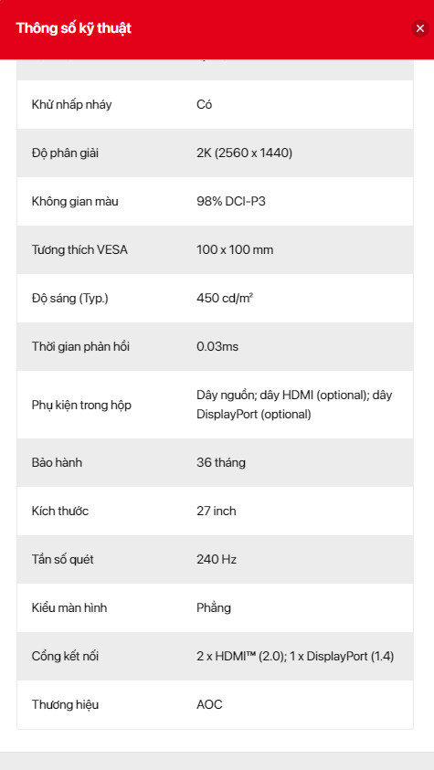 Dưới đây hiển thị tất cả các thông số sản phẩm của màn hình. chúng ta để ý phần hz